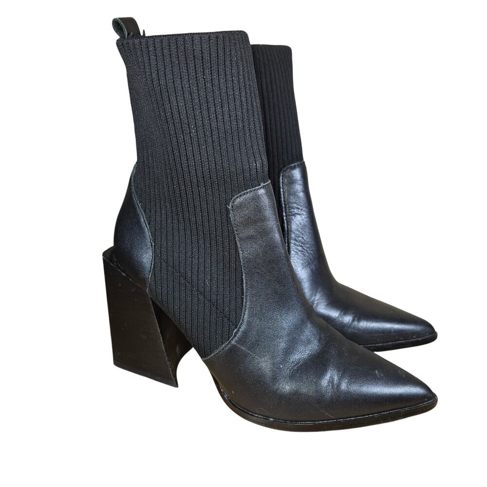 Steve Madden Hollis Sock Leather Block 4" Heel Boots Black Womens 6.5 Point Toe - Picture 3 of 8